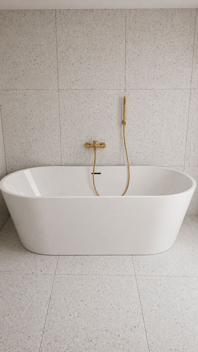 Baignoire îlot et robinetterie dorée